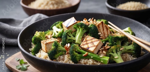  a bowl filled with rice, broccoli and tofu with chopsticks next to a bowl of rice.