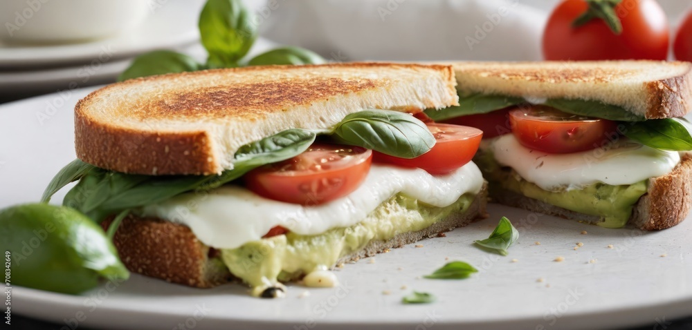 The image features a dining table with various items on it, including an open-faced sandwich cut in half. The sandwich has lettuce. The image features a dining table with various items on it, including an open-faced sandwich cut in half. The sandwich has lettuce.