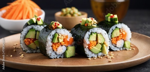  .The image shows a wooden tray filled with sushi rolls and vegetables. The sushi rolls are made of avocado.