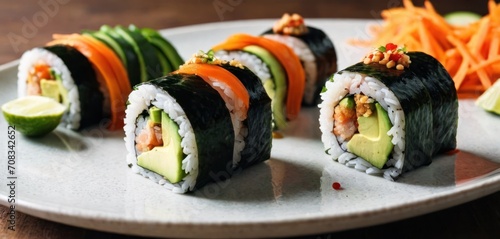  .In the image, there is a plate topped with several sushi rolls. The plate also has a variety of vegetables placed alongside it.