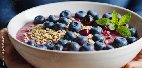  .In the image  there is a bowl filled with blueberries and other food items. The bowl is placed on a table or surface .