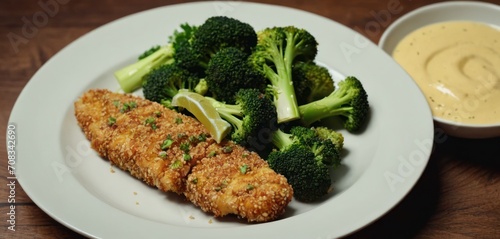  The image features a white plate topped with an appetizing meal consisting of grilled chicken and broccoli. The chicken is placed.