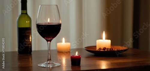  .In the image  a wine glass is filled with red wine  and there are two lit candles on the table. There is also a bowl.