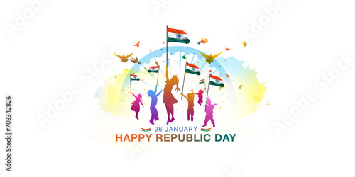 Republic day of India. Children holding tricolor flag celebrating Republic day background. Victory, freedom, patriotic and parade concept.