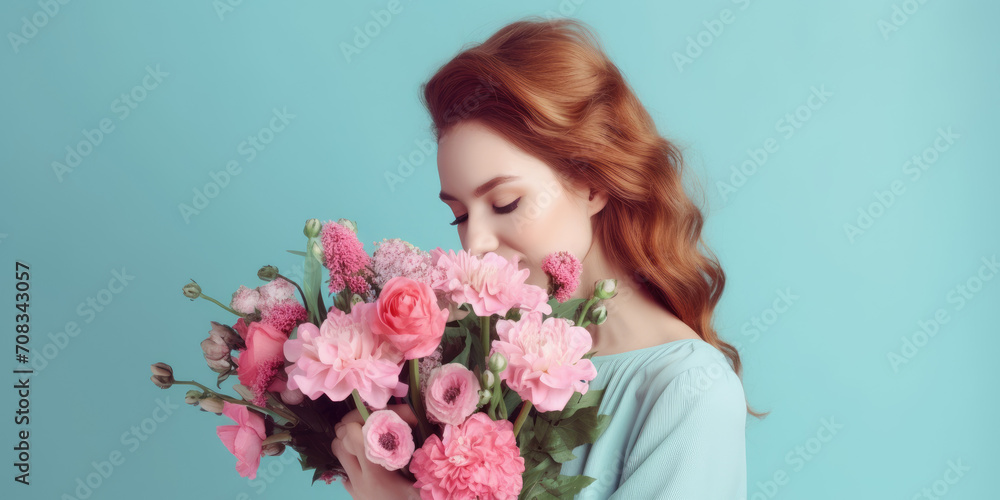 Happy beautiful elegant blonde woman with pink bouquet of flowers on blue background. Copy space