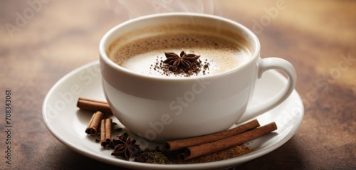  .The cup of coffee has cinnamon sprinkled on top and is placed on a white plate. The photo shows the coffee from above .