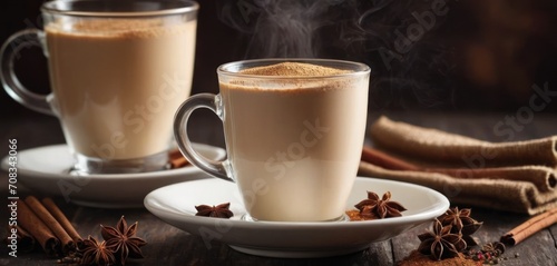  .In the image  there are two coffee cups sitting on saucers. One cup contains a coffee drink with cinnamon in it and has.