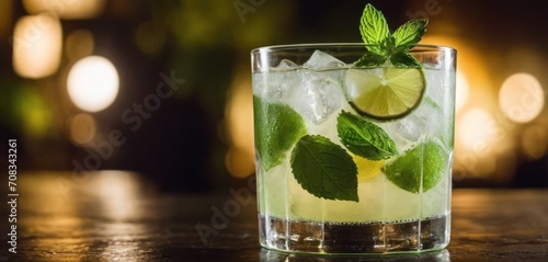  .The image features a glass filled with a green cocktail, which includes mint leaves. The drink is placed on a table and appears to be a.