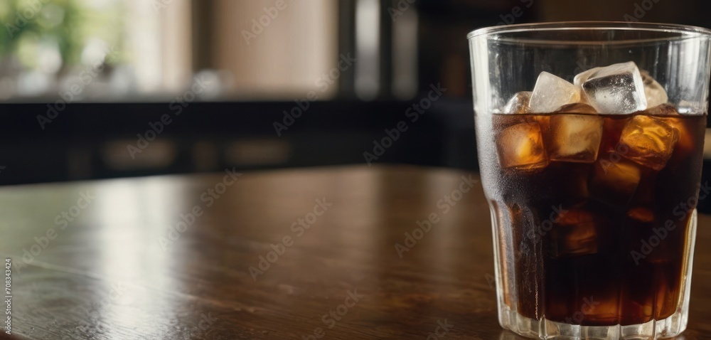 The image features a table with a glass cup filled with ice and soda. The table is made of wood, and the glass has two ice cubes. The image features a table with a glass cup filled with ice and soda. The table is made of wood, and the glass has two ice cubes.