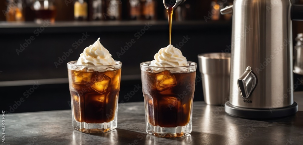 The image depicts a bar scene with two glasses filled with beverages. The drinks are topped off with whipped cream,. The image depicts a bar scene with two glasses filled with beverages. The drinks are topped off with whipped cream,.