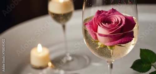  .The image features a dining table with two glasses of champagne, one of which has a single pink rose floating in it. The rose.