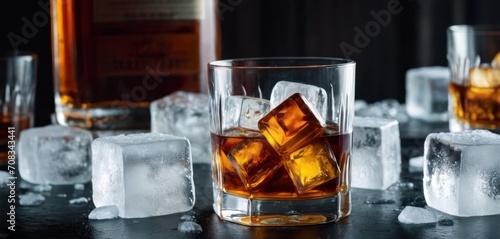  In the image, there is a cup of whiskey with small cubes of ice floating in it. The whiskey glass is placed on top of a.