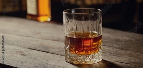  .There is a clear glass filled with brown liquid, likely whiskey. The glass is placed on top of a wooden table or counter, surrounded by various.