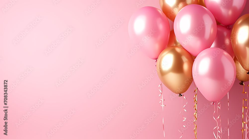 Holiday celebration background with balloons, golden sparkling confetti and ribbons