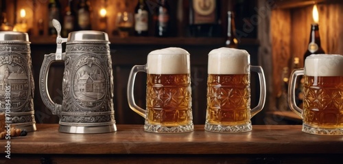  This image features a bar with four beer mugs on it. Each of these glasses is filled to the brim with cold beer, ready.