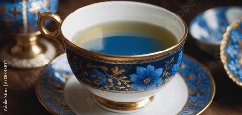  The cup and saucer on the table have a decorative, blue pattern. The cup is filled with tea, likely Earl Grey tea, and there is.