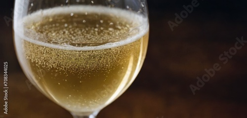  The image features a close-up of a glass filled with champagne, which has sparkling bubbles. The wine glass is placed on a wooden.