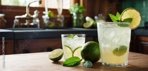  .The image displays a kitchen counter with two glasses of lemonade, limes and mint. There are also multiple bottles arranged on the counter.