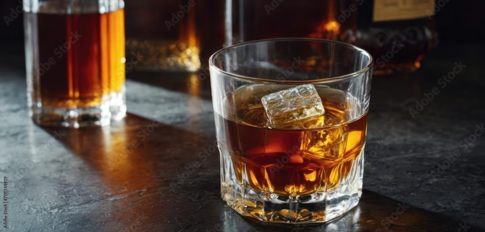 .The image features a cocktail bar with several bottles of whiskey and a glass filled with whiskey. The glass is positioned in the.