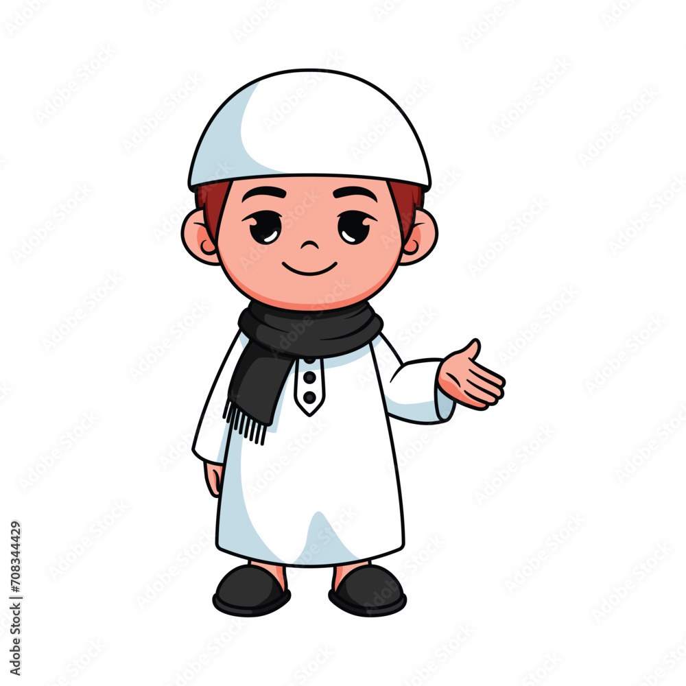 illustration design of a young Muslim boy standing and greeting illustration design of a young Muslim boy standing and greeting