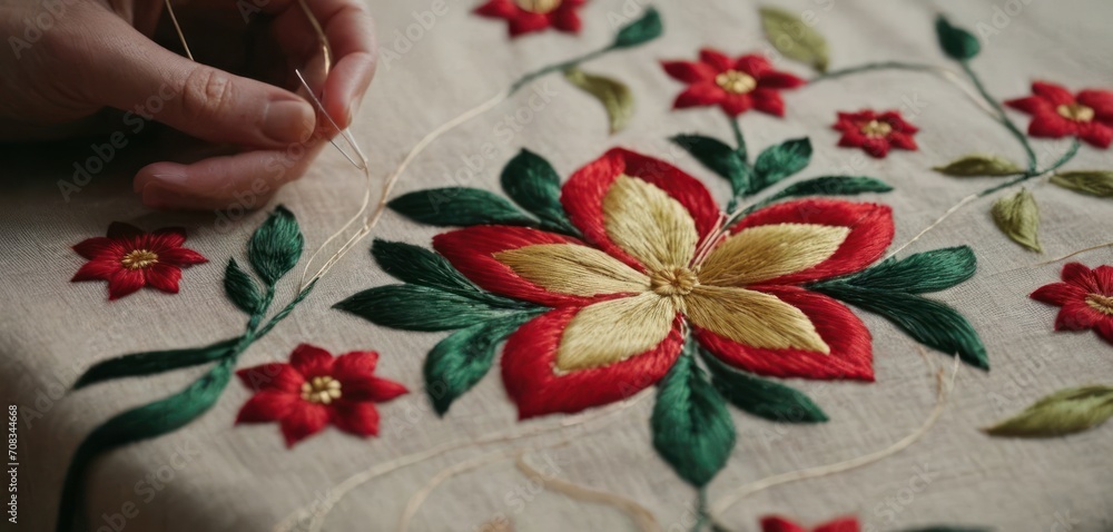 The image depicts a person, likely a woman, skillfully working on a piece of embroidery. The individual is using a sewing need. The image depicts a person, likely a woman, skillfully working on a piece of embroidery. The individual is using a sewing need.