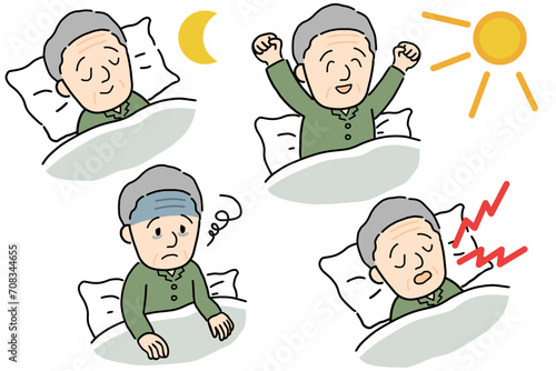 寝るシニア男性のバリエーションセット