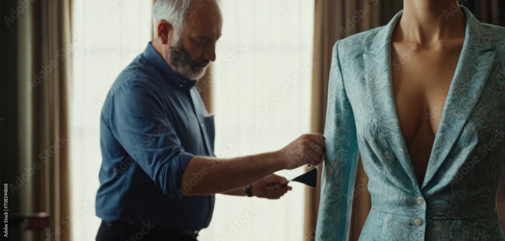 .The image shows a man and woman standing in front of a window. The man is wearing a blue shirt, while the woman is dressed in. .The image shows a man and woman standing in front of a window. The man is wearing a blue shirt, while the woman is dressed in.