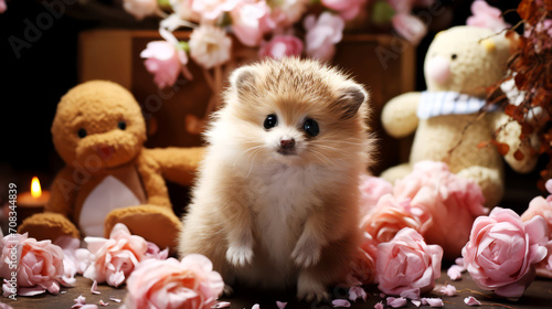 Cute little Pomeranian puppy with flowers and teddy bear. © Narin