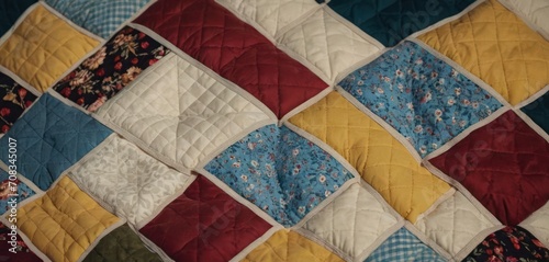  .This is a quilt made by hand and it has a pattern of different colors. The colors include blue, red, yellow, green, white,.