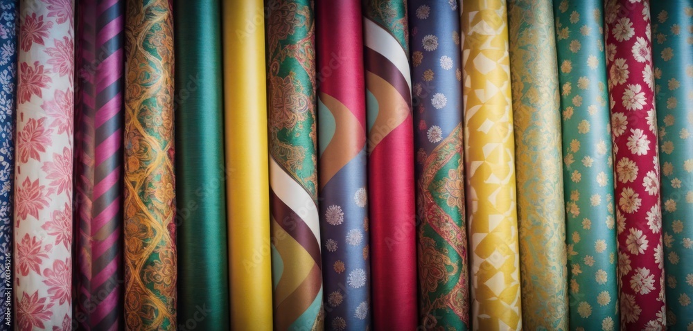 The image features a row of colorful fabric rolls displayed on shelves. The colors and patterns are quite diverse, with various hues and designs. The image features a row of colorful fabric rolls displayed on shelves. The colors and patterns are quite diverse, with various hues and designs.