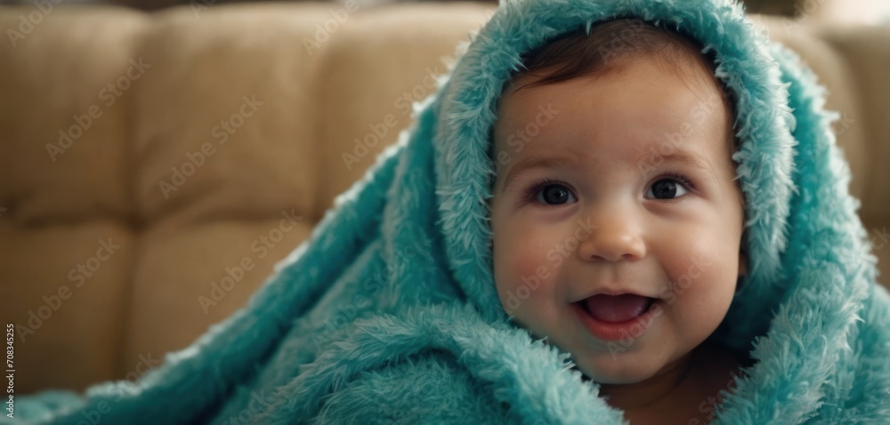.The image features a young baby wearing a blue blanket, laying on a couch. The baby appears to be smiling and quite content. .The image features a young baby wearing a blue blanket, laying on a couch. The baby appears to be smiling and quite content.