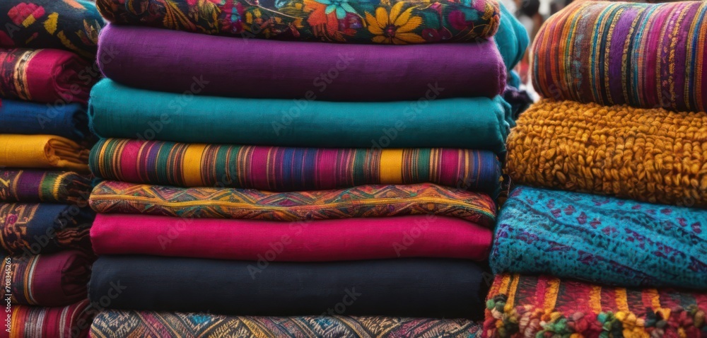 The image features a large collection of colorful cloths or garments. These items are displayed in multiple stacks, creating an eye-catching visual. The image features a large collection of colorful cloths or garments. These items are displayed in multiple stacks, creating an eye-catching visual.