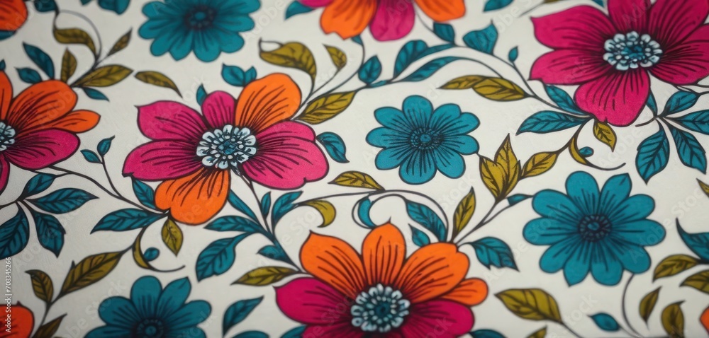  .The image features a floral pattern on a blanket that is predominantly pink and orange. The design consists of red, blue, green.