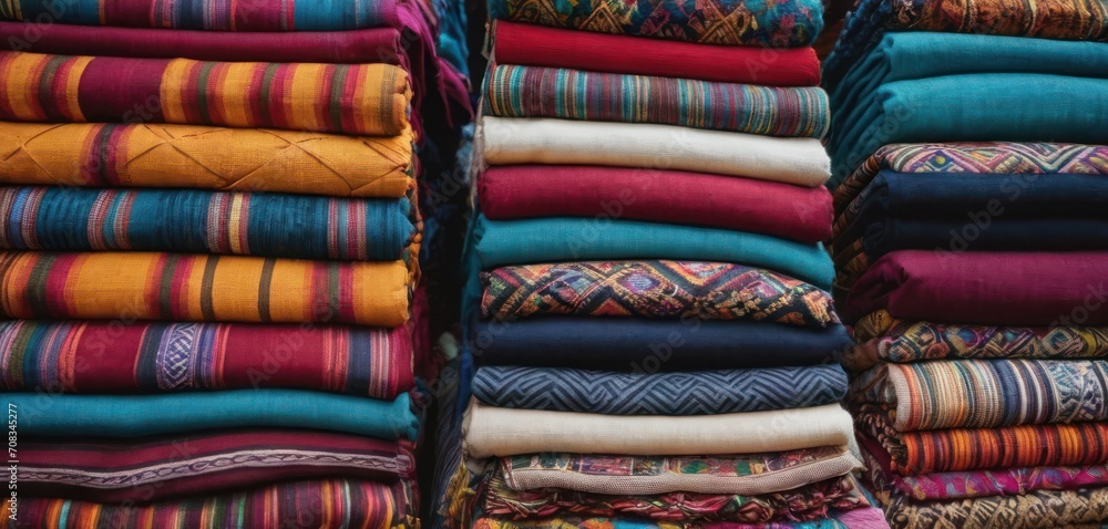 The image features a large assortment of brightly colored, patterned towels and blankets. These items are neatly stacked together,. The image features a large assortment of brightly colored, patterned towels and blankets. These items are neatly stacked together,.