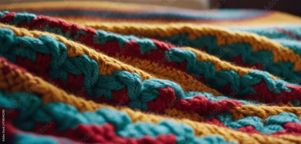 .The image features a colorful crocheted blanket with a yellow, blue, red, and green striped pattern. The blanket is.