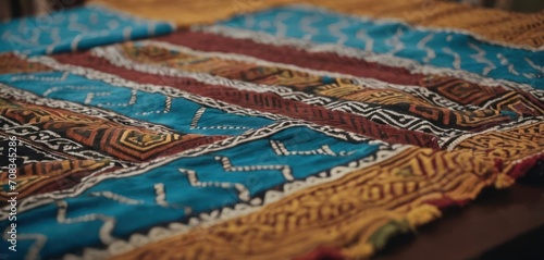  .The image features a blanket with blue  red  and yellow designs. The colorful blanket is placed on top of a wooden table in front.