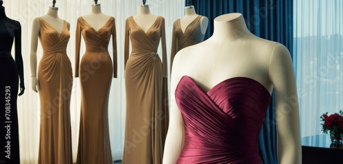  The image showcases a display of long red dresses. There are multiple gowns in various styles and sizes, with at least six of them clearly.