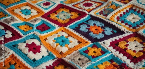  .The image features a blanket with bright  vibrant colors and intricate patterns. The blanket is made up of squares or patches that.