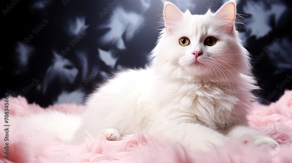 Beautiful cat with pink flowers on a dark background.