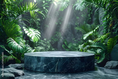 Marble Podium Circular tropical natural leafs plants, cosmetic product placement pedestal present promotional stand showcase scene for product presentation