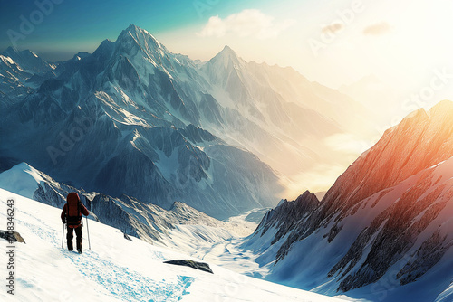 Hiker trekking with backpack standing on top of a snow mountains peak and enjoying view before sunset. Adventure Sport concept. Outdoor landscape in winter season, Europe