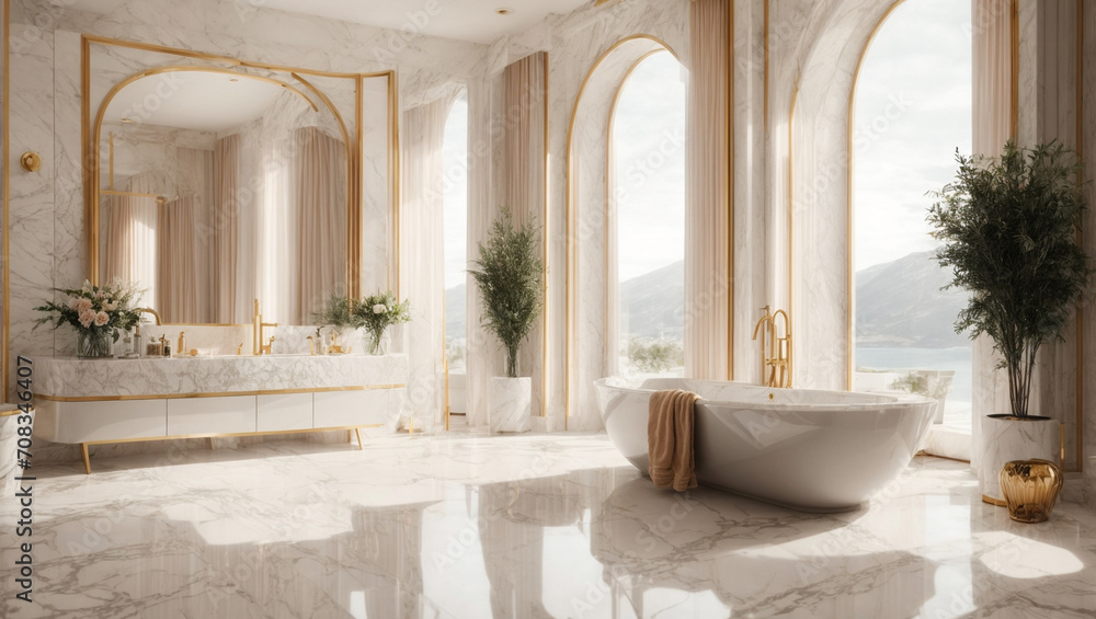 A luxurious bathroom with marble accents, decorated in a modern style. generative AI