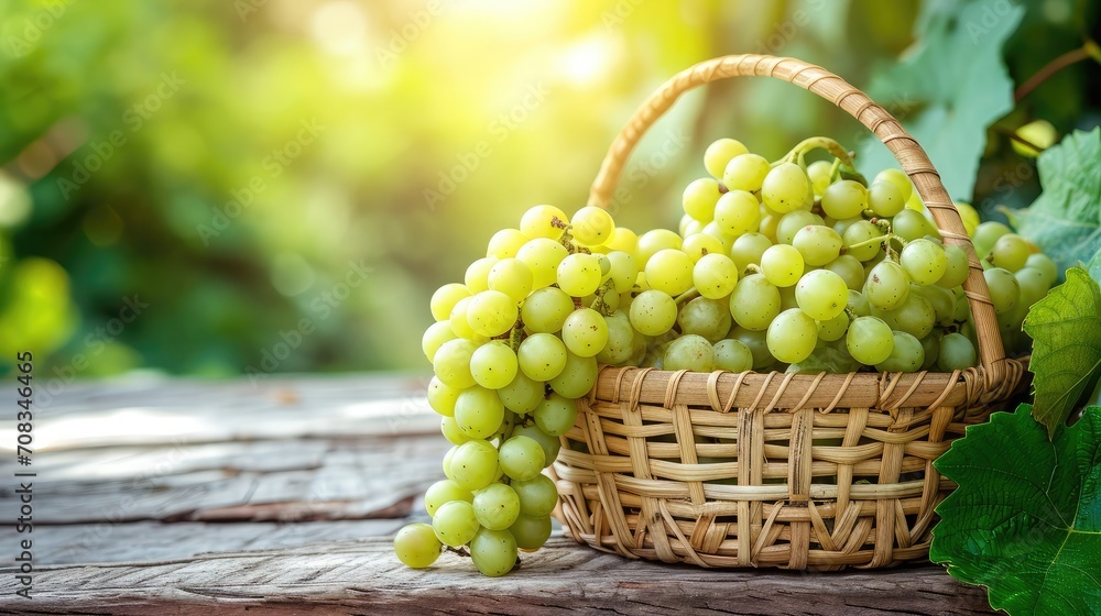 Green grape in Bamboo basket on wooden table in garden, Shine Muscat Grape with leaves in blur background. Green grape in Bamboo basket on wooden table in garden, Shine Muscat Grape with leaves in blur background.