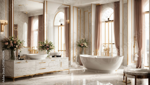 A luxurious bathroom with marble accents  decorated in a modern style. generative AI