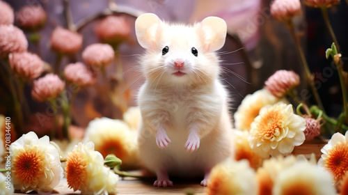 White mouse on the background of flowers. © Narin