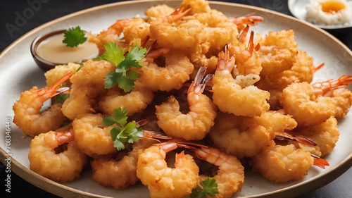 Japanese Cuisine delicious fried tempura shrimp in white plate on a white background
