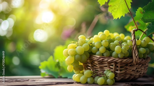 Green grape in Bamboo basket on wooden table in garden, Shine Muscat Grape with leaves in blur background. photo