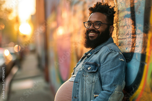Celebrating diversity in parenthood pregnant man gender norms the definition of family concept. Happy smiling pregnant African American transexual man with beard expectant trans father walking photo