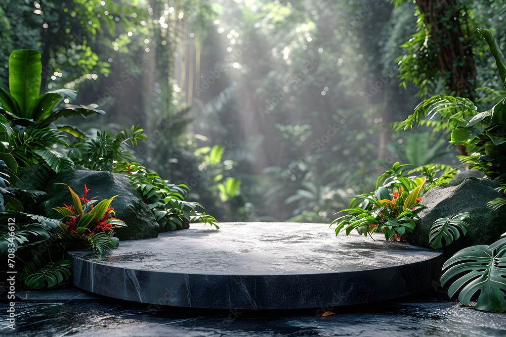 Marble Podium Circular tropical natural leafs plants, cosmetic product placement pedestal present promotional stand showcase scene for product presentation Marble Podium Circular tropical natural leafs plants, cosmetic product placement pedestal present promotional stand showcase scene for product presentation