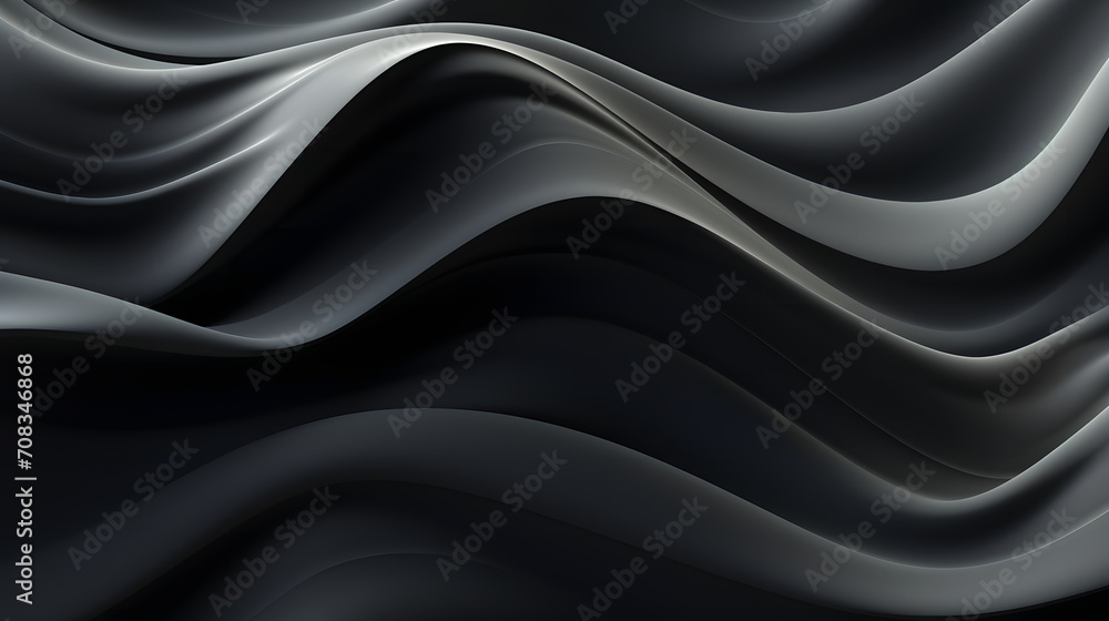 A seamless abstract black texture background featuring elegant swirling curves in a wave pattern, set against a dark material background.